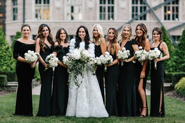 bridesmaids in black gowns